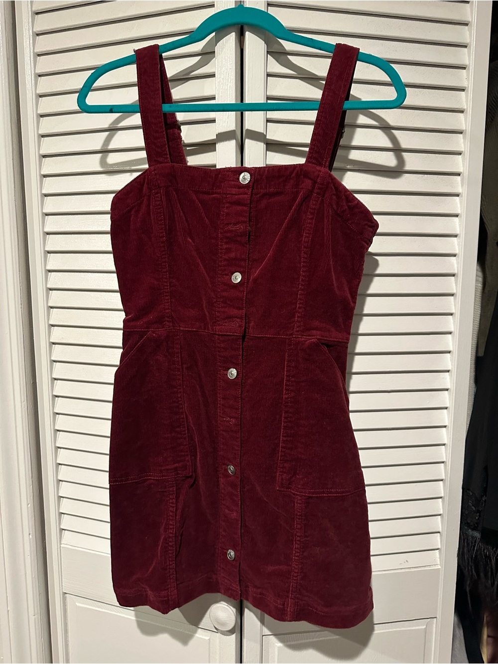 H&M Burgundy Corduroy Button-Front Mini Pinafore Dress